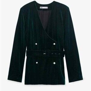 ZARA Women's Size XS Velvet Green Belted Pearl Button NEW Blazer Jacket Holiday